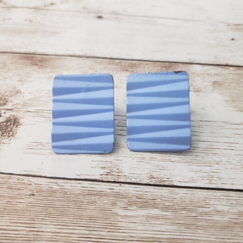 Vintage Clip On Earrings Light Blue Wavy Rectangle Retro